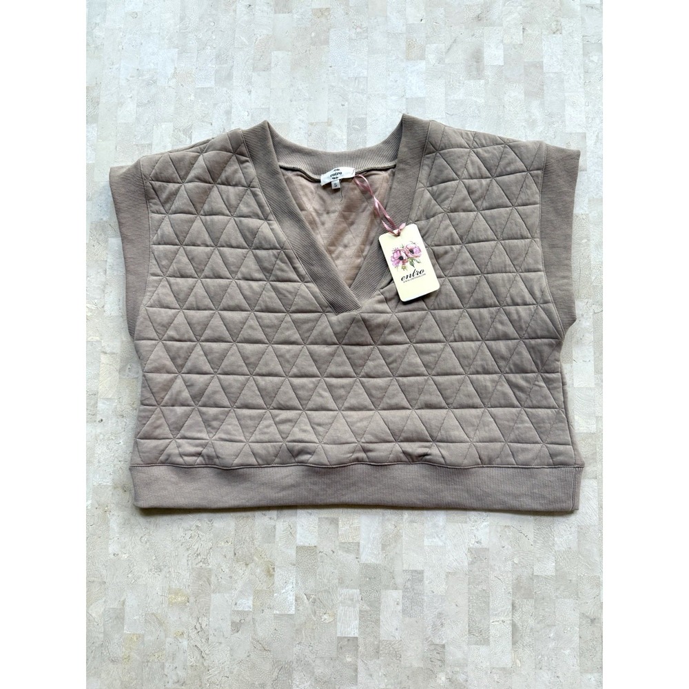 ENTRO Anthropologie Quilted Sleeveless Crop Vest Womens Jacket Beige NWT Sz S - Picture 1 of 6